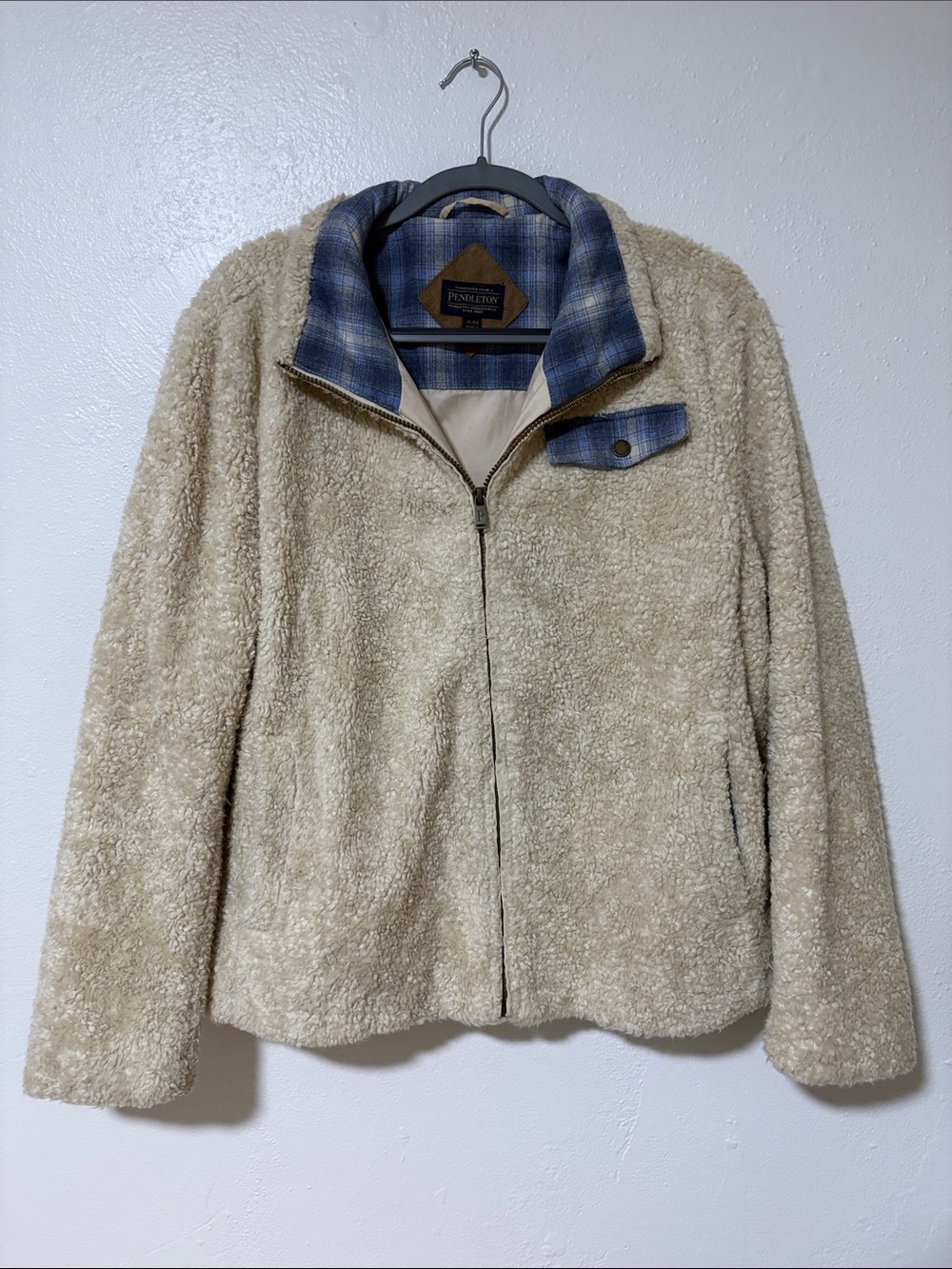 Pendleton Cream Sherpa Jacket with Blue Plaid Trim